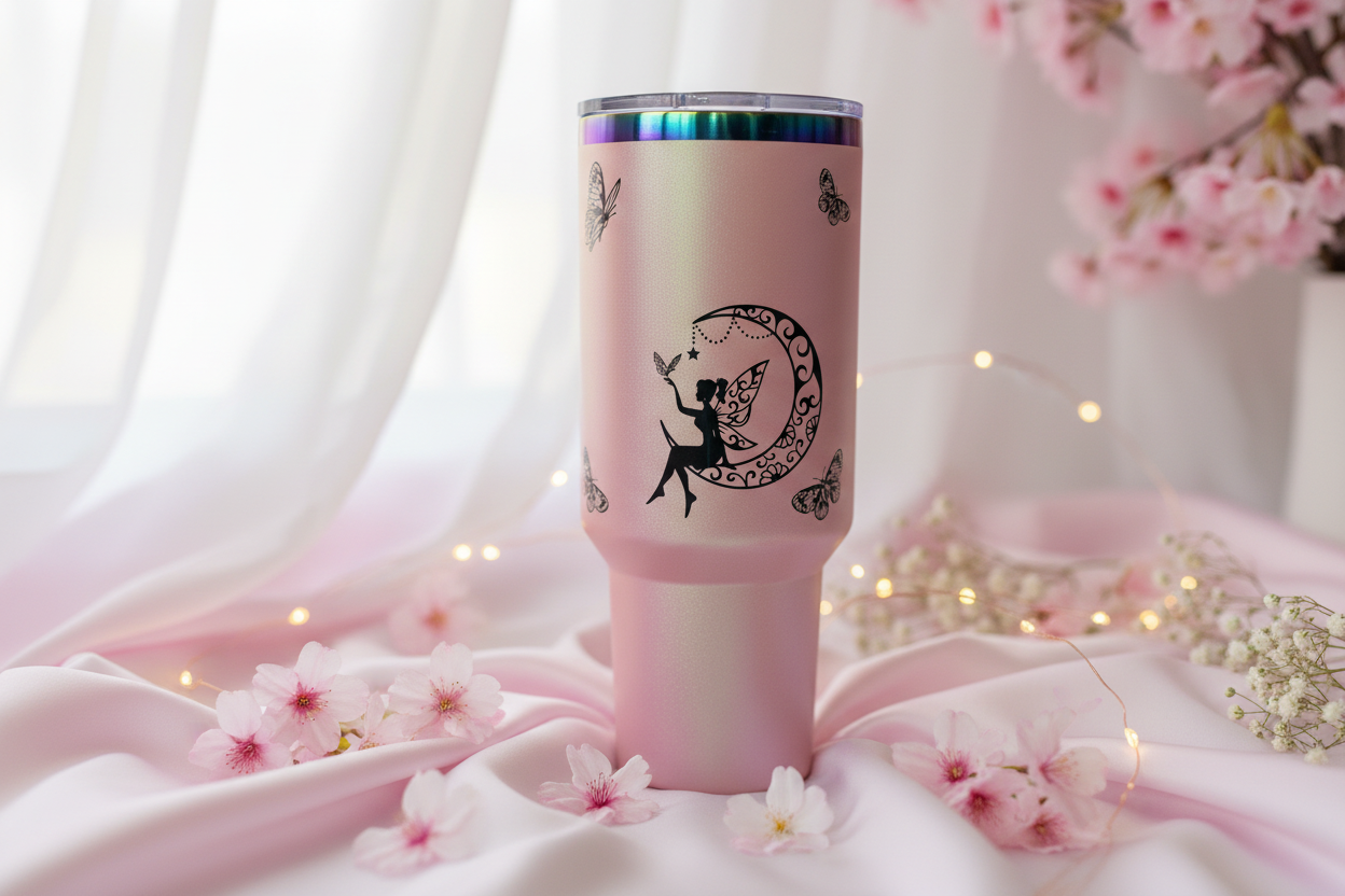 Fairy on the moon iridescent tumbler in dreamy setting
